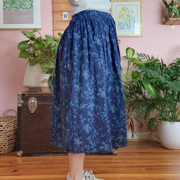 Lizsport Vintage Blue Tropical Floral Print Button Down Midi Skirt Size PM - Picture 3 of 16